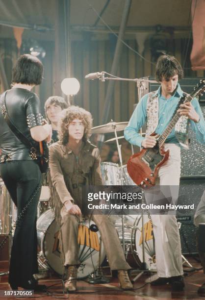 English group The Who pose together on the set of the Rolling Stones Rock and Roll Circus at Intertel TV Studio in Wembley, London on 11th December...