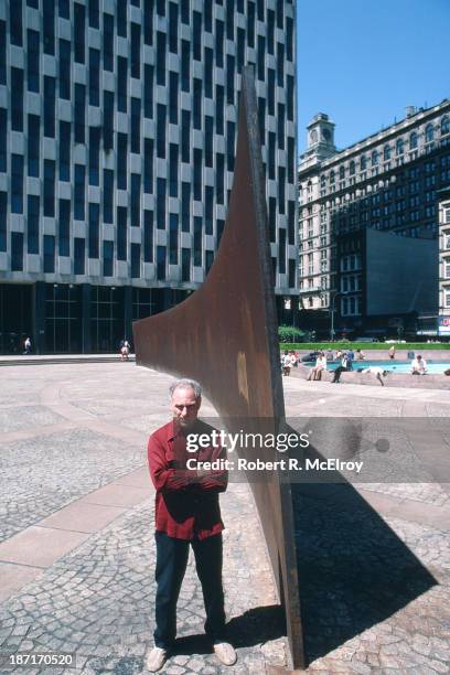 Portrait of the sculptor Richard Serra, in front of his piece 'Tilted Arc', prior to its removal, at Federal Plaza, New York, May 10, 1985.