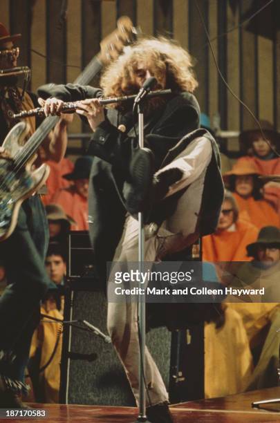 Singer and flautist Ian Anderson from Jethro Tull performs live on stage on the set of the Rolling Stones Rock and Roll Circus at Intertel TV Studio...