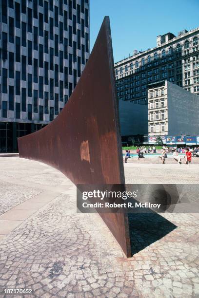 View of Richard Serra's controversial sculpture 'Tilted Arc', prior to its removal, at Federal Plaza, New York, May 10, 1985.