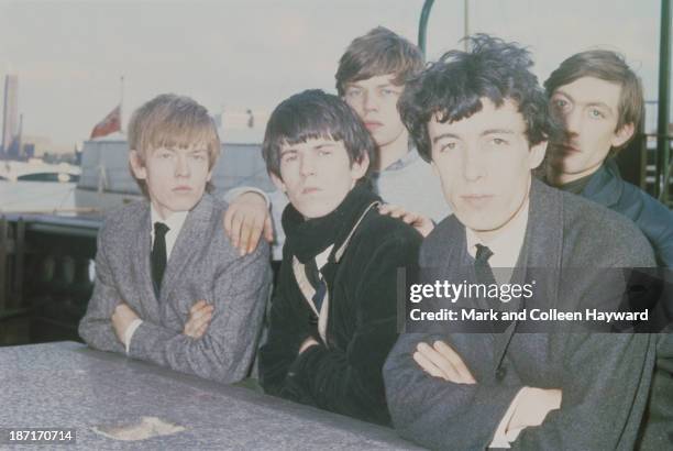 English rock and roll group The Rolling Stones posed, circa 1963. Left to right: Brian Jones , Keith Richards, Mick Jagger, Bill Wyman and Charlie...