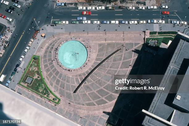 Aerial view of sculptor Richard Serra's controversial piece 'Tilted Arc', prior to its removal, at Federal Plaza, New York, May 10, 1985.