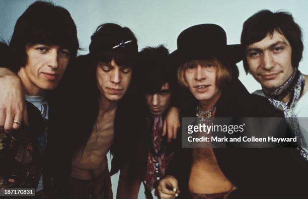 English rock and roll band The Rolling Stones posed in 1968. Left to right: Bill Wyman, Mick Jagger, Keith Richards, Brian Jones and Charlie Watts.