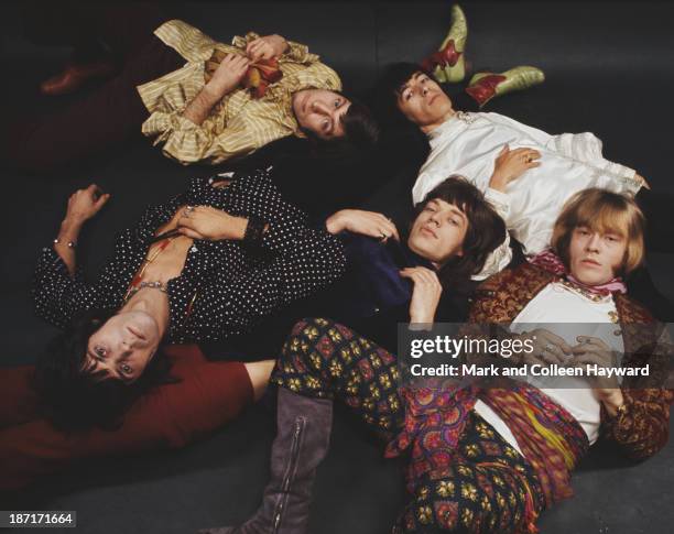 Group shot of English rock and roll band The Rolling Stones posed in 1968. Clockwise from top left: Charlie Watts, Bill Wyman, Brian Jones , Mick...