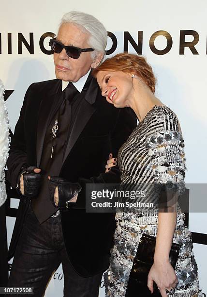 Designer Karl Lagerfeld and actress Jessica Chastain attend An Evening Honoring Karl Lagerfeld at Alice Tully Hall on November 6, 2013 in New York...