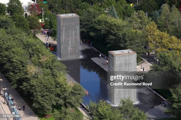 Jaume Plensa's Crown Fountain, as photographed from the Cliff Dwellers Club atop the Borg Warner Building during the Chicago Architecture...