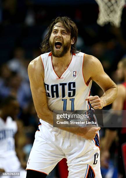 Josh McRoberts of the Charlotte Bobcats reacts after a play during their game against the Toronto Raptors at Time Warner Cable Arena on November 6,...