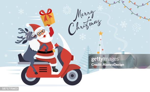 santa claus sprinting to guarantee timely christmas present delivery. - moto humour stock illustrations