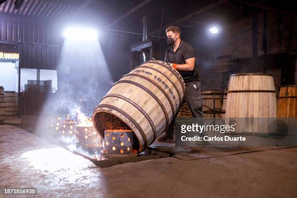 worker in a cooperage in jerez (sherry) placing the barrel in the central oven to give it the final toasting. this barrel will be used to store single malt scotch whiskey. - sherry stock pictures, royalty-free photos & images