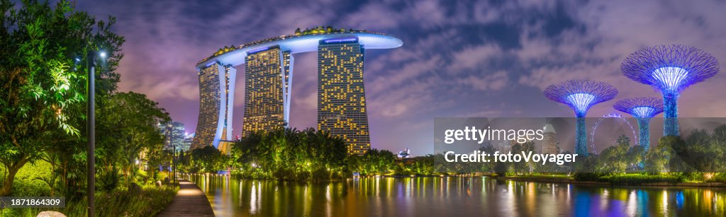Singapore Marina Bay Sands iconic hotel illuminated at night panorama