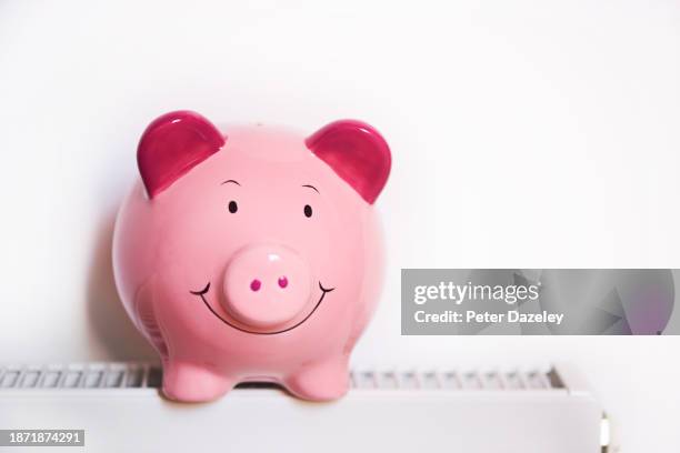 piggy bank on heater - piggyback stock pictures, royalty-free photos & images