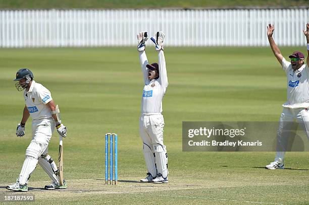 Chris Hartley of the Bulls successfully appeals for the wicket of Ben Hilfenhaus of the Tigers losing his wicket LBW to Cameron Boyce of the Bulls...