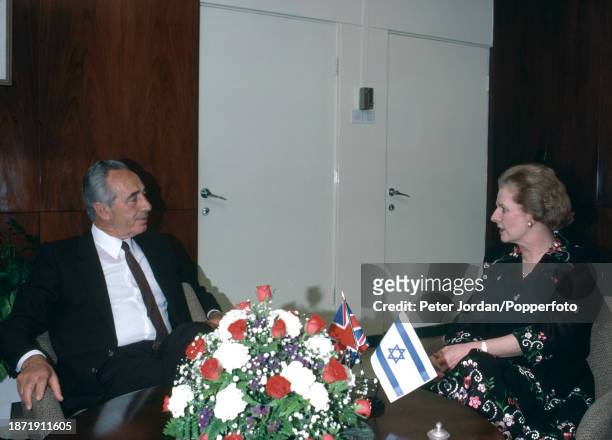 British Prime Minister Margaret Thatcher with Israeli prime minister Shimon Peres in Jerusalem whilst on her visit to Israel on 27th May 1986.