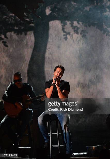 Luke Bryan performs onstage during the 47th annual CMA Awards at the Bridgestone Arena on November 6, 2013 in Nashville, Tennessee.