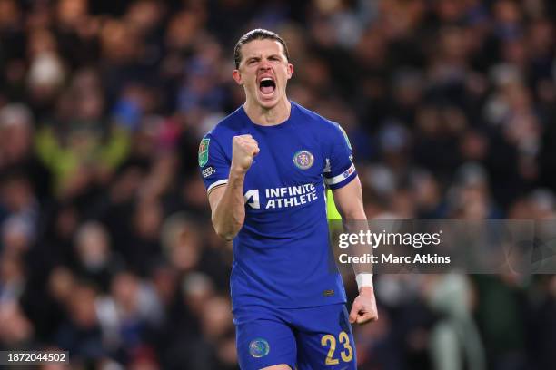 Conor Gallagher of Chelsea celebrates during the Carabao Cup Quarter Final match between Chelsea and Newcastle United at Stamford Bridge on December...