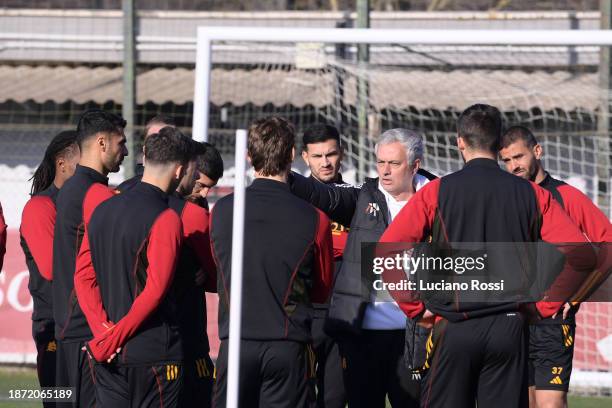 Roma coach Josè Mourinho and players during training session at Centro Sportivo Fulvio Bernardini on December 21, 2023 in Rome, Italy.