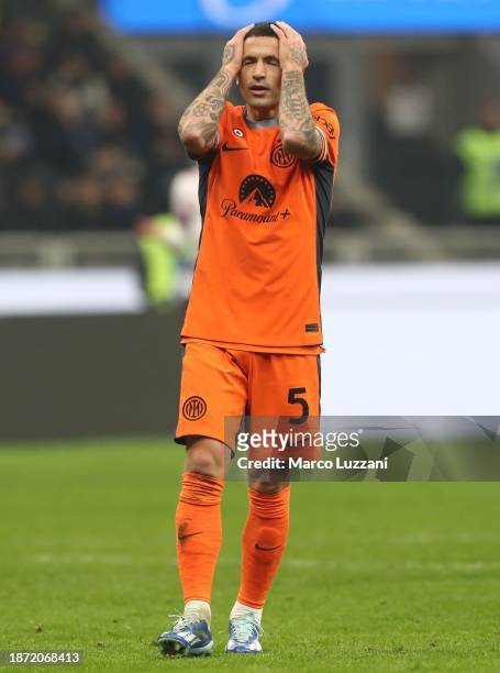 Stefano Sensi of FC Internazionale shows his dejection during the Coppa Italia Round of 16 match between FC Internazionale and Bologna FC a at...