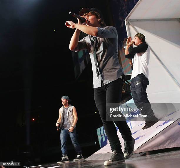 Keaton Stromberg, Drew Chadwick and Wesley Stromberg of Emblem3 perform onstage during the "Stars Dance" tour held at Staples Center on November 6,...