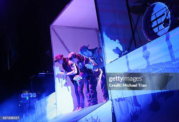 Keaton Stromberg, Drew Chadwick and Wesley Stromberg of Emblem3 perform onstage during the "Stars Dance" tour held at Staples Center on November 6,...