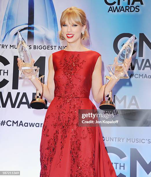 Singer Taylor Swift poses in the press room at the 47th annual CMA Awards at the Bridgestone Arena on November 6, 2013 in Nashville, Tennessee.