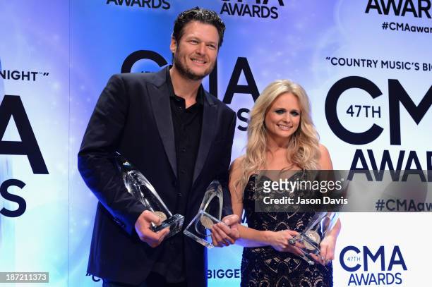 Album of the Year and Male Vocalist of the Year award winner Blake Shelton and Female Vocalist of the Year award winner Miranda Lambert pose in the...