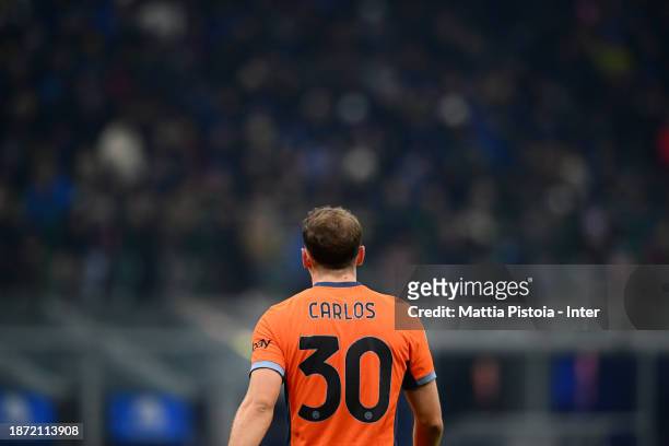 Carlos Augusto of FC Internazionale looks on during the Coppa Italia match between FC Internazionale and Bologna FC at Giuseppe Meazza Stadium on...