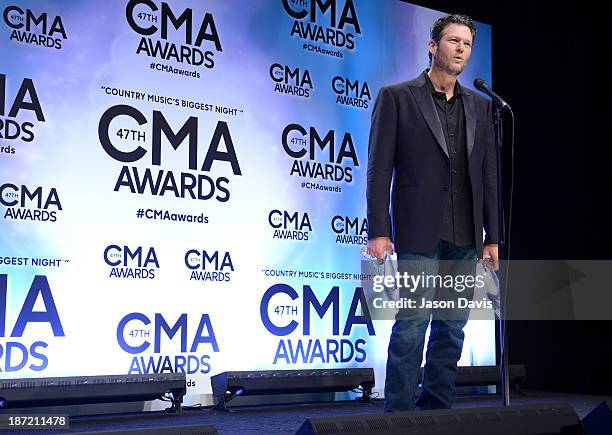 Album of the Year and Male Vocalist of the Year award winner Blake Shelton poses in the press room during the 47th Annual CMA Awards at the...