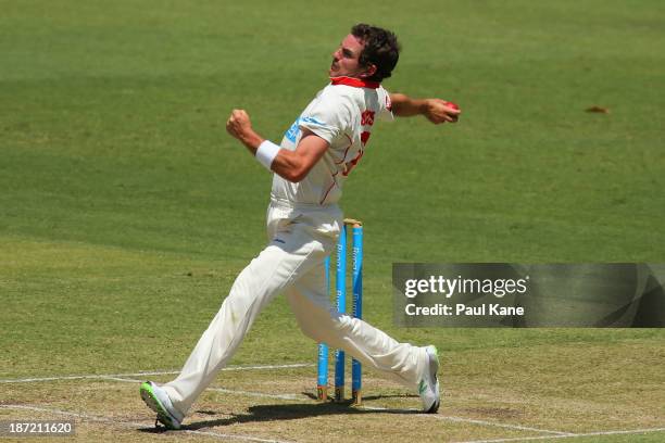 Chadd Sayers of the Redbacks bowls during day two of the Sheffield Shield match between the Western Australia Warriors and the South Australia...