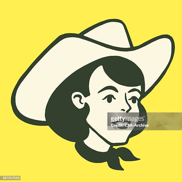porträt von ein cowgirl - cowboyhut stock-grafiken, -clipart, -cartoons und -symbole