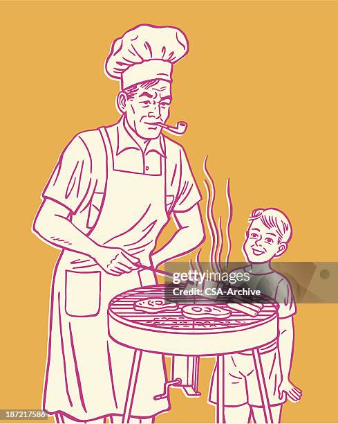 stockillustraties, clipart, cartoons en iconen met pink cartoon of man & boy grilling meat on orange background - grilled