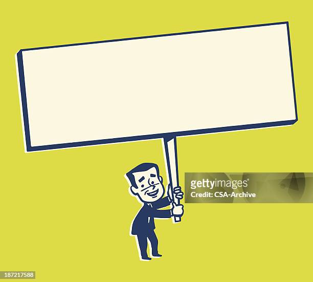 small man holding large sign - commercial sign stock illustrations