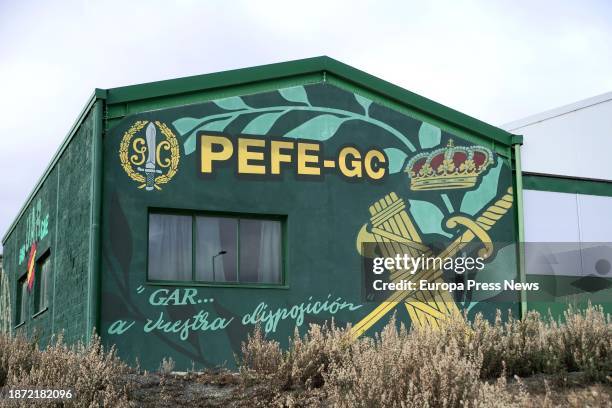 Mural on a facade of the Special Forces Experimental Range on December 21 in Logroño, La Rioja, Spain. The Poligono de Experiencias de Fuerzas...