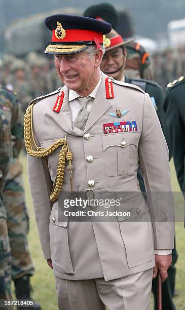 Prince Charles, Prince of Wales meets troops during a visit to the Indian Military Academy during day 2 of an official visit to India on November 7,...