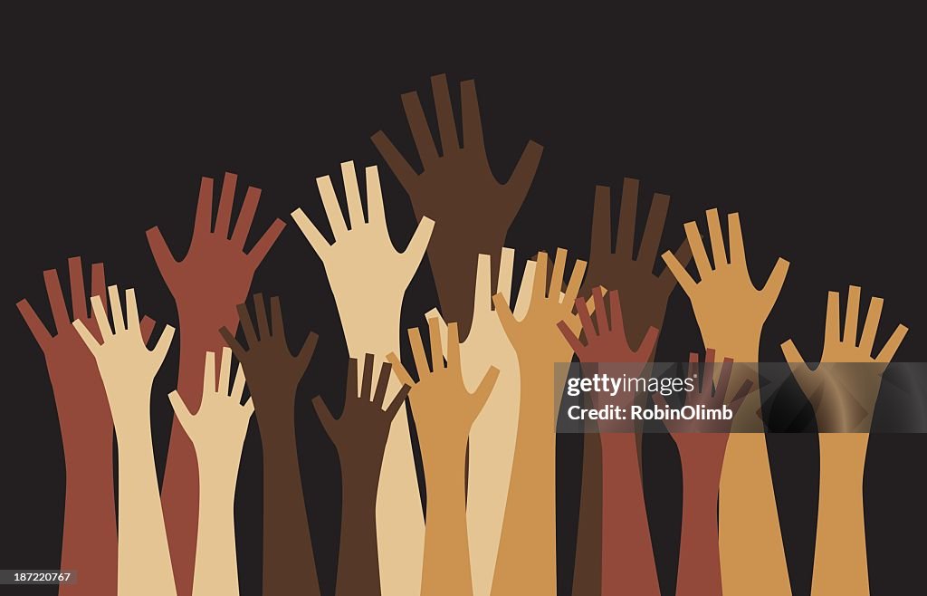 Diverse sets of hands reaching up on black background