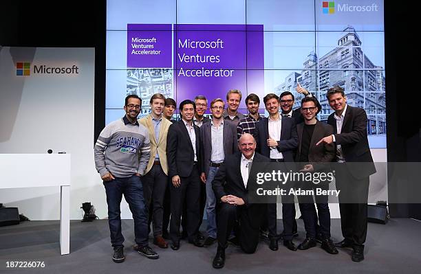 Microsoft Chief Executive Steve Ballmer poses with Rahul Sood and Stephan Jacquemot , co-heads of the Microsoft Ventures Accelorator program, as well...