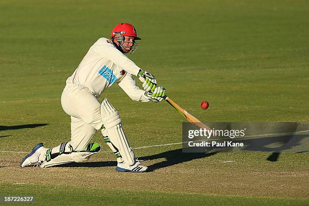 Phil Hughes of the Redbacks bats during day two of the Sheffield Shield match between the Western Australia Warriors and the South Australia Redbacks...