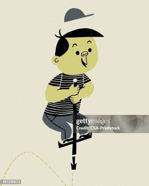 boy on a pogo stick - pogo stick stock illustrations