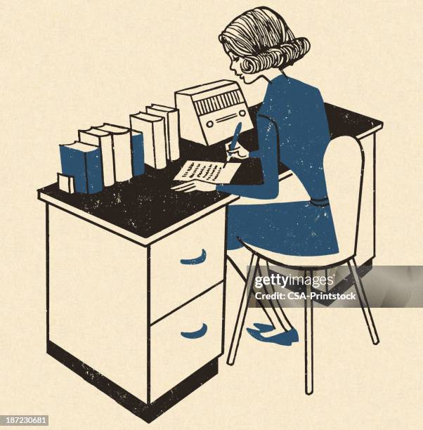 ilustraciones, imágenes clip art, dibujos animados e iconos de stock de mujer trabajando en un escritorio - teacher desk