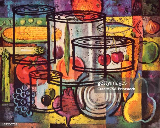 fruits and vegetable cans - cherry tomatoes stock illustrations