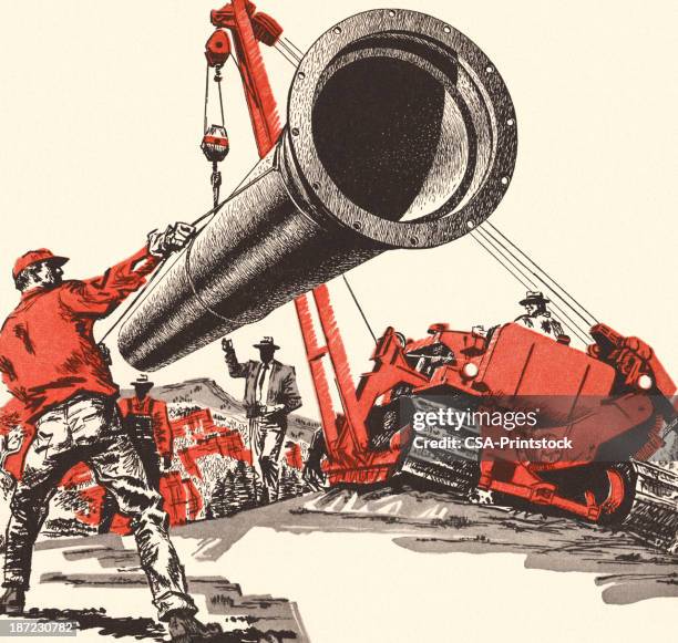 bildbanksillustrationer, clip art samt tecknat material och ikoner med illustration of a construction site with a large pipe - crane machinery