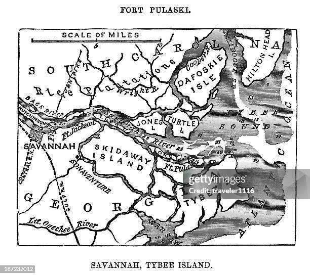 fort puaski in savannah, georgia - civil war map stock illustrations