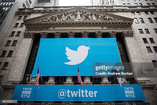 The Twitter logo is displayed on a banner outside the New York Stock Exchange on November 7, 2013 in New York City. Twitter goes public on the NYSE...