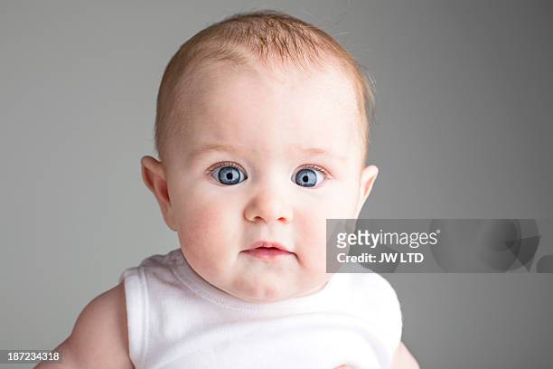 blue eyed baby girl looking to camera, studio - blue eye stock-fotos und bilder