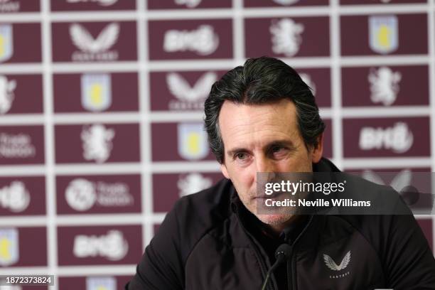 Unai Emery head coach of Aston Villa talks to the press during a press conference at Bodymoor Heath training ground on December 21, 2023 in...