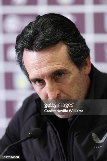Unai Emery head coach of Aston Villa talks to the press during a press conference at Bodymoor Heath training ground on December 21, 2023 in...