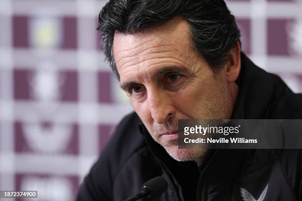 Unai Emery head coach of Aston Villa talks to the press during a press conference at Bodymoor Heath training ground on December 21, 2023 in...