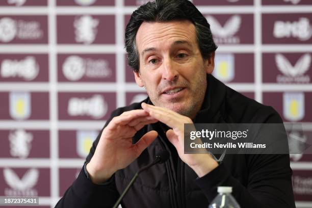 Unai Emery head coach of Aston Villa talks to the press during a press conference at Bodymoor Heath training ground on December 21, 2023 in...