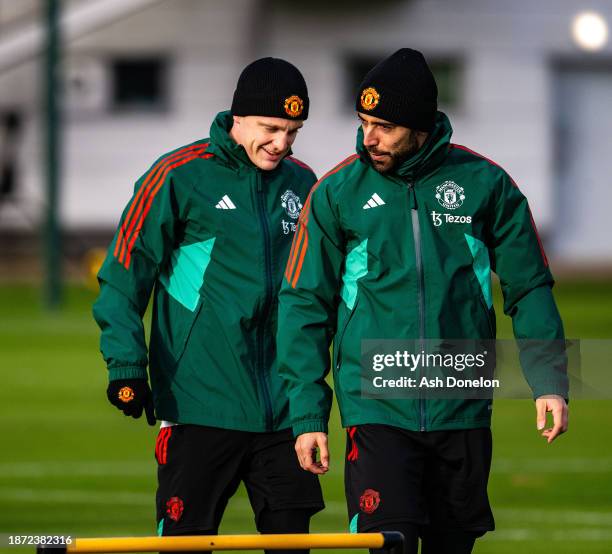 Donny van de Beek, Bruno Fernandes of Manchester United in action during a first team training session at Carrington Training Ground on December 21,...