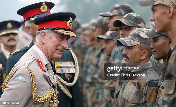 Prince Charles, Prince of Wales meets troops during a visit to the Indian Military Academy during day 2 of an official visit to India on November 7,...