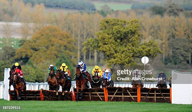 Jason Maguire riding Valid Point clear the last to win The Agetur UK Handicap Hurdle Race at Towcester racecourse on November 07, 2013 in Towcester,...